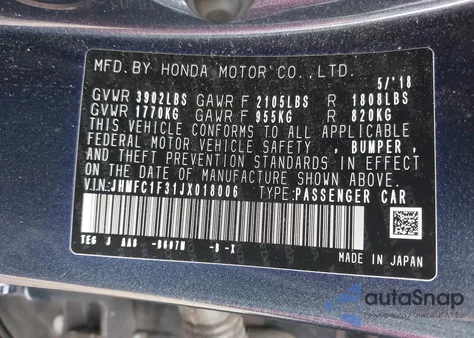 2018 Honda Civic Ex-T from USA, damaged, VIN JHMFC1F31JX018006